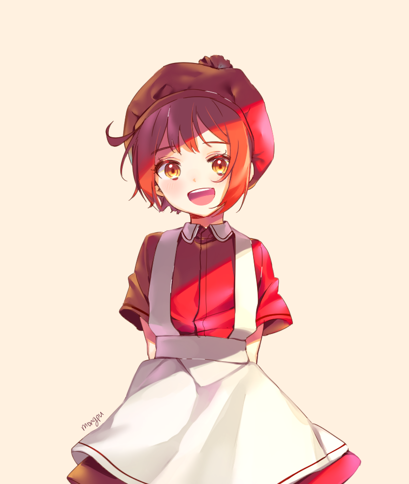 1girl, ahoge, apron, arms_behind_back, artist_name, cowboy_shot, erythroblast_(hataraku_saibou), hat