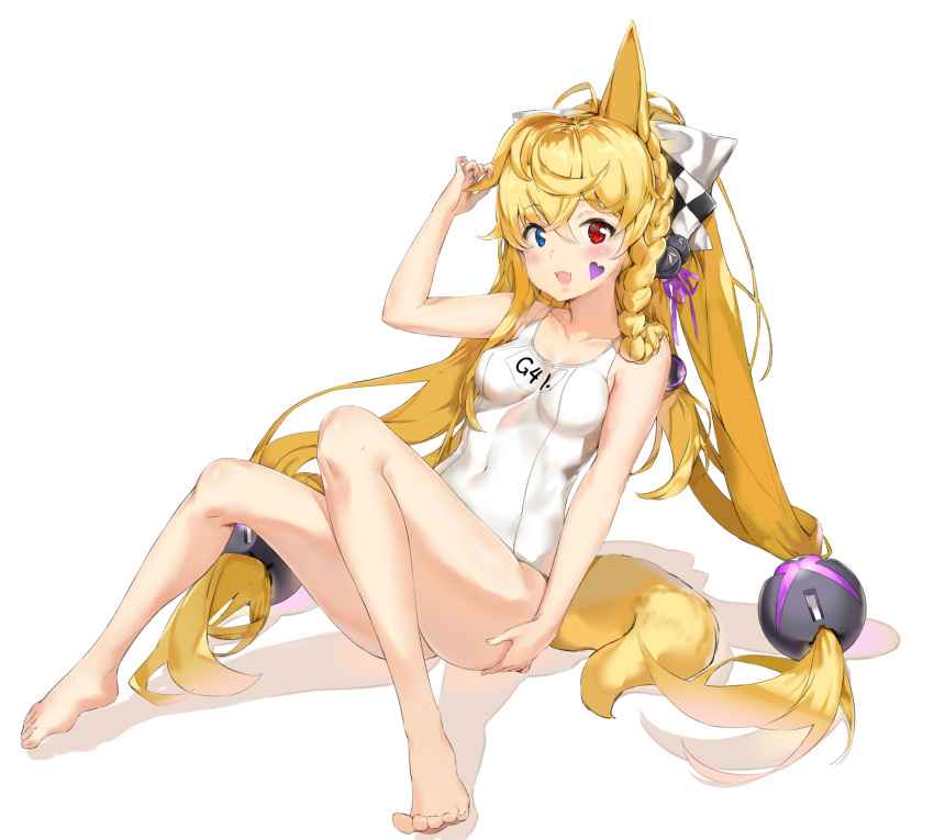 1girl, animal_ears, blonde_hair, braid, collarbone, eyebrows_visible_through_hair, fox_tail, g41_(girls_frontline)