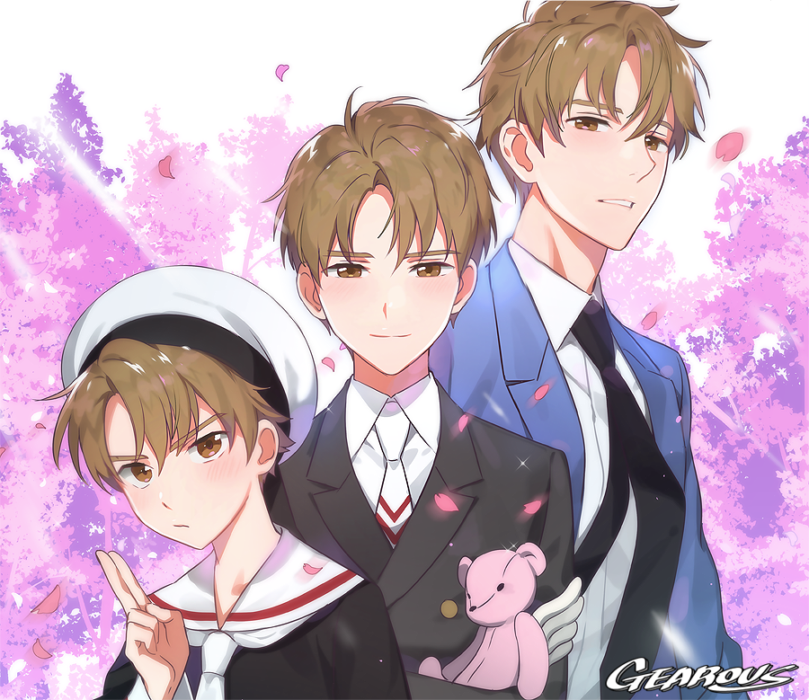 1boy, age_progression, artist_name, blazer, brown_eyes, brown_hair, card_captor_sakura, cherry_blossoms, gearous, hat, jacket, li_xiaolang, male_focus, necktie, petals, sailor_collar, school_uniform, smile, sparkle, stuffed_animal, stuffed_toy, teddy_bear, tomoeda_elementary_school_uniform, tomoeda_high_school_uniform, tomoeda_middle_school_uniform