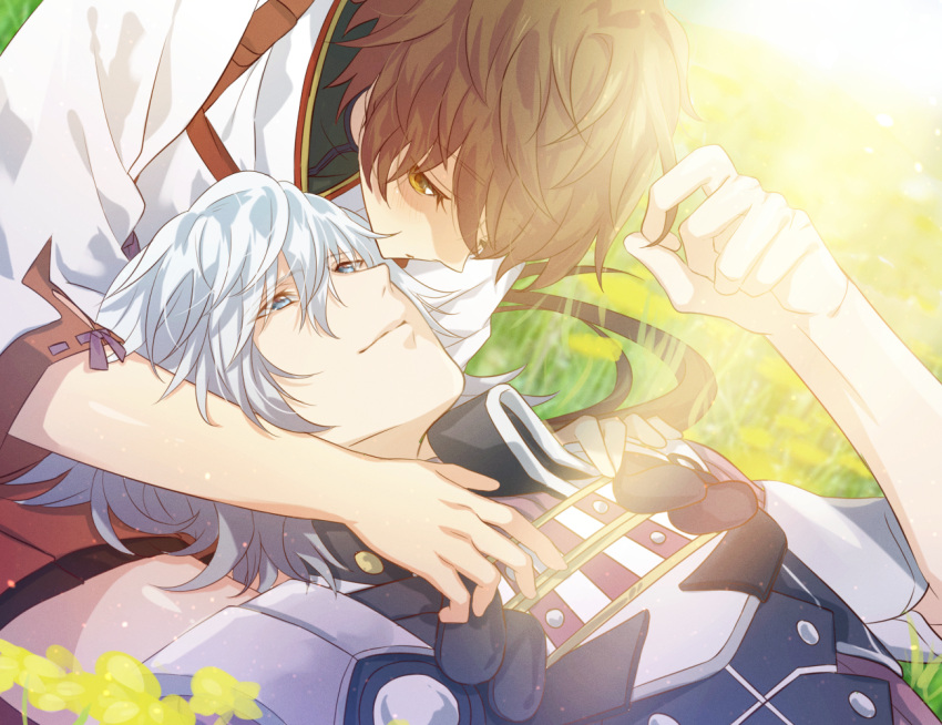 1boy, 1girl, armor, blue_eyes, gloves, kikuim0, long_hair, lora_(xenoblade_2), male_focus, nintendo, parted_lips, pauldrons, redhead, shin_(xenoblade), short_hair, simple_background, smile, white_hair, xenoblade_(series), xenoblade_2, yellow_eyes