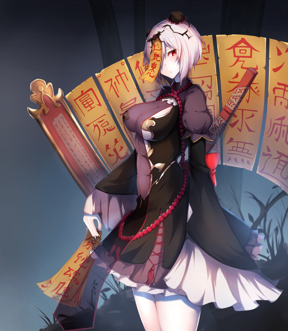 1girl, black_hat, black_nails, breasts, dark_background, hat, kamokatatsumuri, long_sleeves