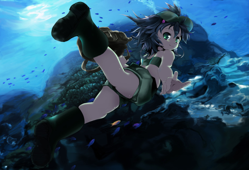 1girl, blue_hair, boots, fish, freediving, green_eyes, hat, kawashiro_nitori, looking_back, short_hair, shorts, swimming, taicho128, touhou, underwater, water