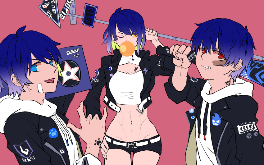 1girl, 2boys, ara_han, bat, cassette_player, chewing_gum, chung_seiker, elsword