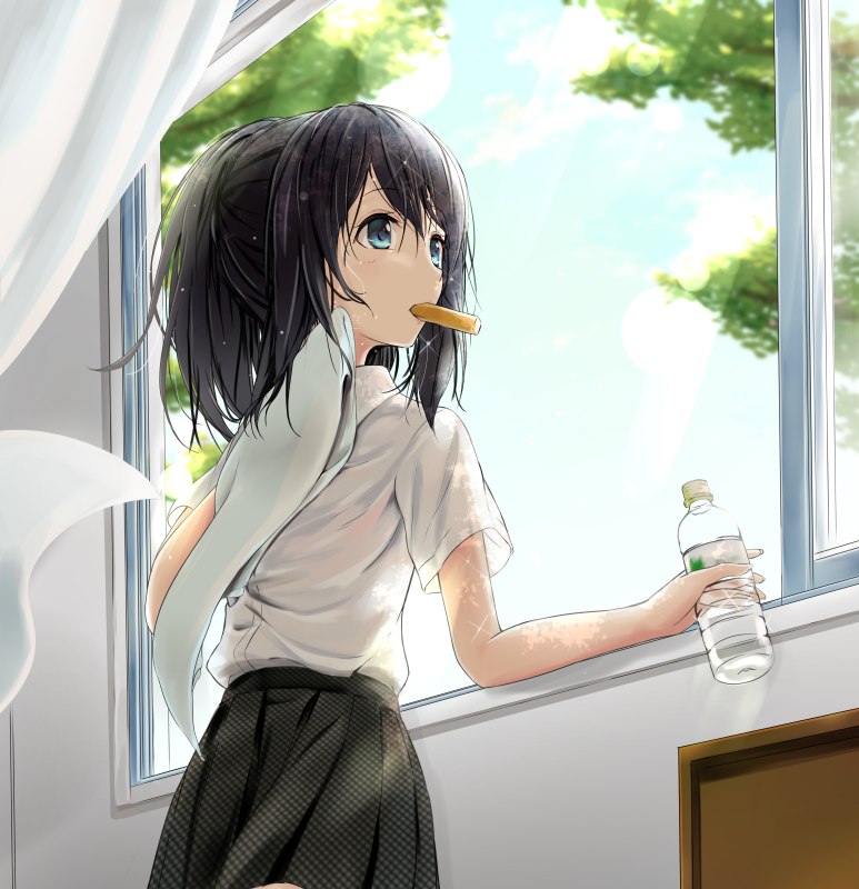 1girl, against_wall, akisaka_yamoka, black_hair, black_skirt, blue_eyes, blue_sky, bottle