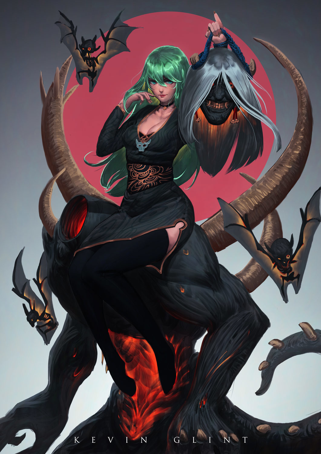 1girl, aqua_eyes, artist_name, bat, black_dress, black_legwear, breasts, choker