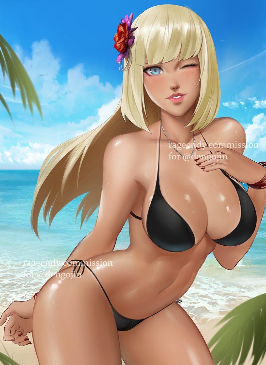 1girl, ;), bangs, beach, bikini, bikini_tan, black_bikini, blonde_hair