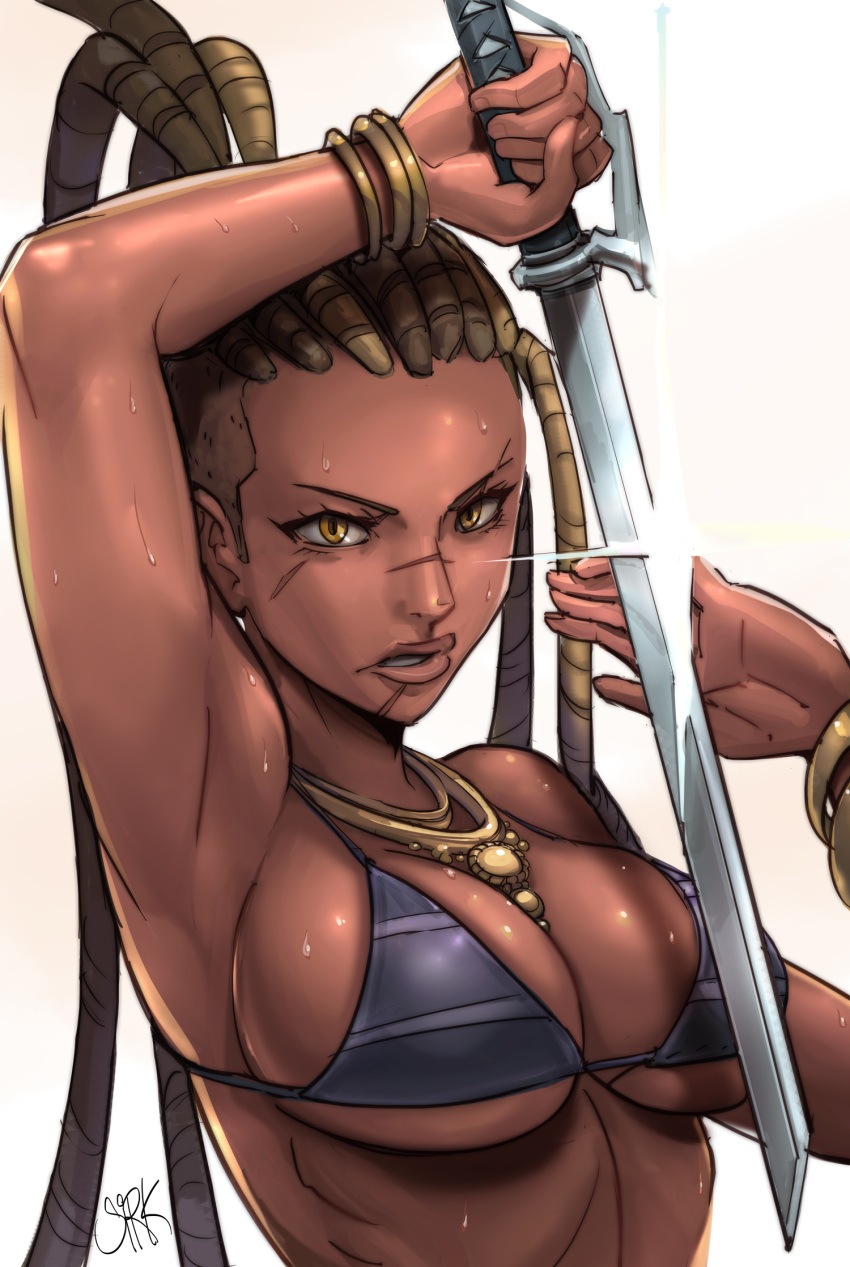 1girl, arm_up, armpits, bikini_top, black_bikini_top, bracelet, breasts, brown_hair, cleavage, dark_skin, fighting_stance, hairlocs, highres, holding, holding_sword, holding_weapon, jewelry, kewminus, large_breasts, lens_flare, lips, long_hair, looking_at_viewer, master_raven, ninjatou, nose, scar, solo, sweat, sword, tekken, tekken_7, under_boob, upper_body, very_dark_skin, weapon, yellow_eyes