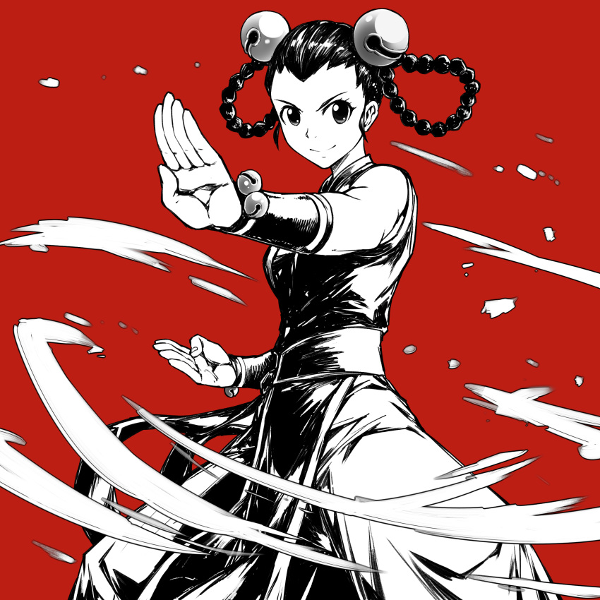 1girl, a4typhoon, baggy_pants, bare_shoulders, bell, black_hair, braid, china_dress