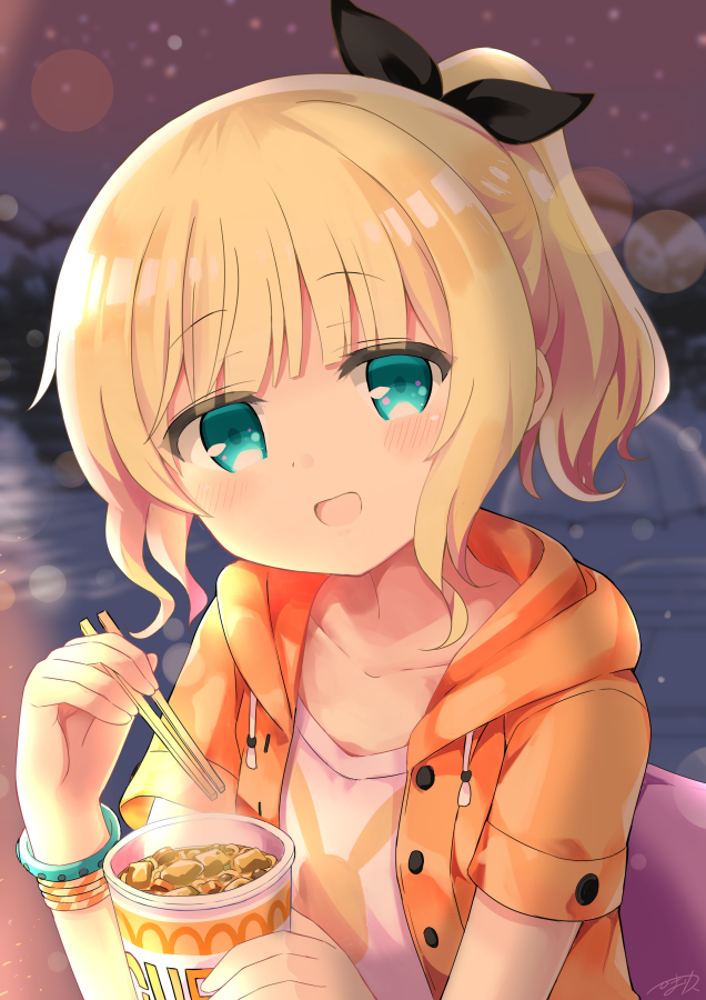 :d, alternate_hairstyle, animal_print, aqua_eyes, bangle, black_ribbon, blonde_hair, blurry, blush, bracelet, bunny_print, chopsticks, collarbone, depth_of_field, eyebrows_visible_through_hair, food, gochuumon_wa_usagi_desu_ka?, hair_ribbon, head_tilt, himarisu_(hida_mari), holding, holding_chopsticks, hood, hooded_jacket, jacket, jewelry, kirima_sharo, lens_flare, looking_at_viewer, open_mouth, ponytail, ramen, ribbon, shirt, short_hair, short_ponytail, short_sleevs, signature, smile, steam, white_shirt