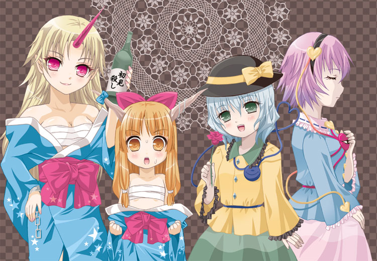 blonde_hair, blush, breasts, brown_hair, eyes, flat_chest, flower, green_eyes