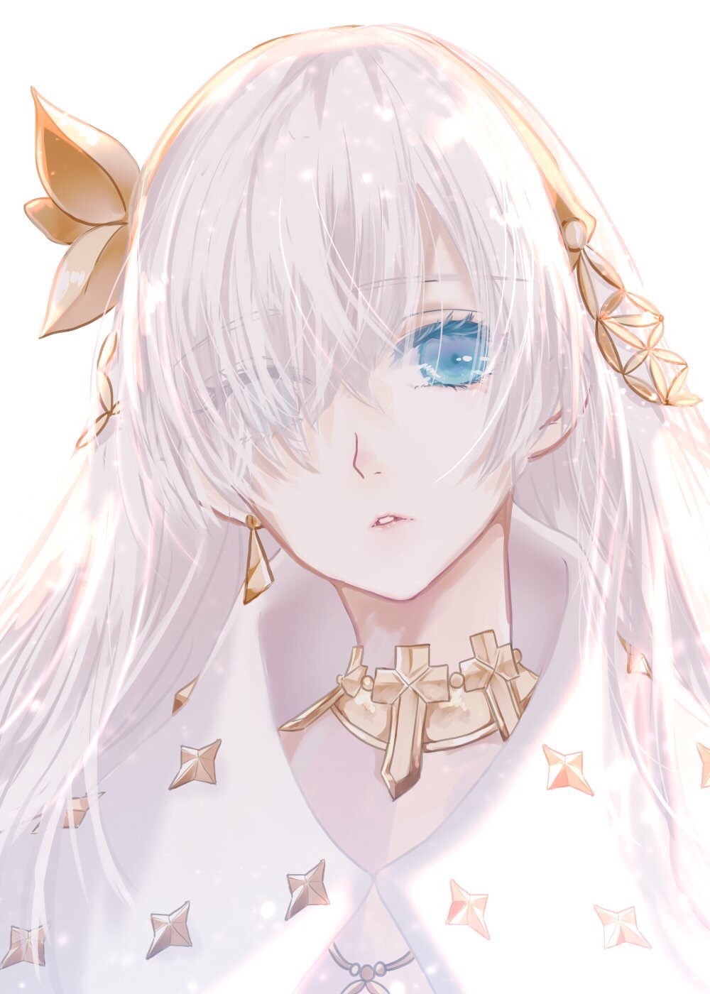 1girl, anastasia_(fate/grand_order), blue_eyes, choker, earrings, eyebrows_visible_through_hair, eyes_visible_through_hair, fate/grand_order