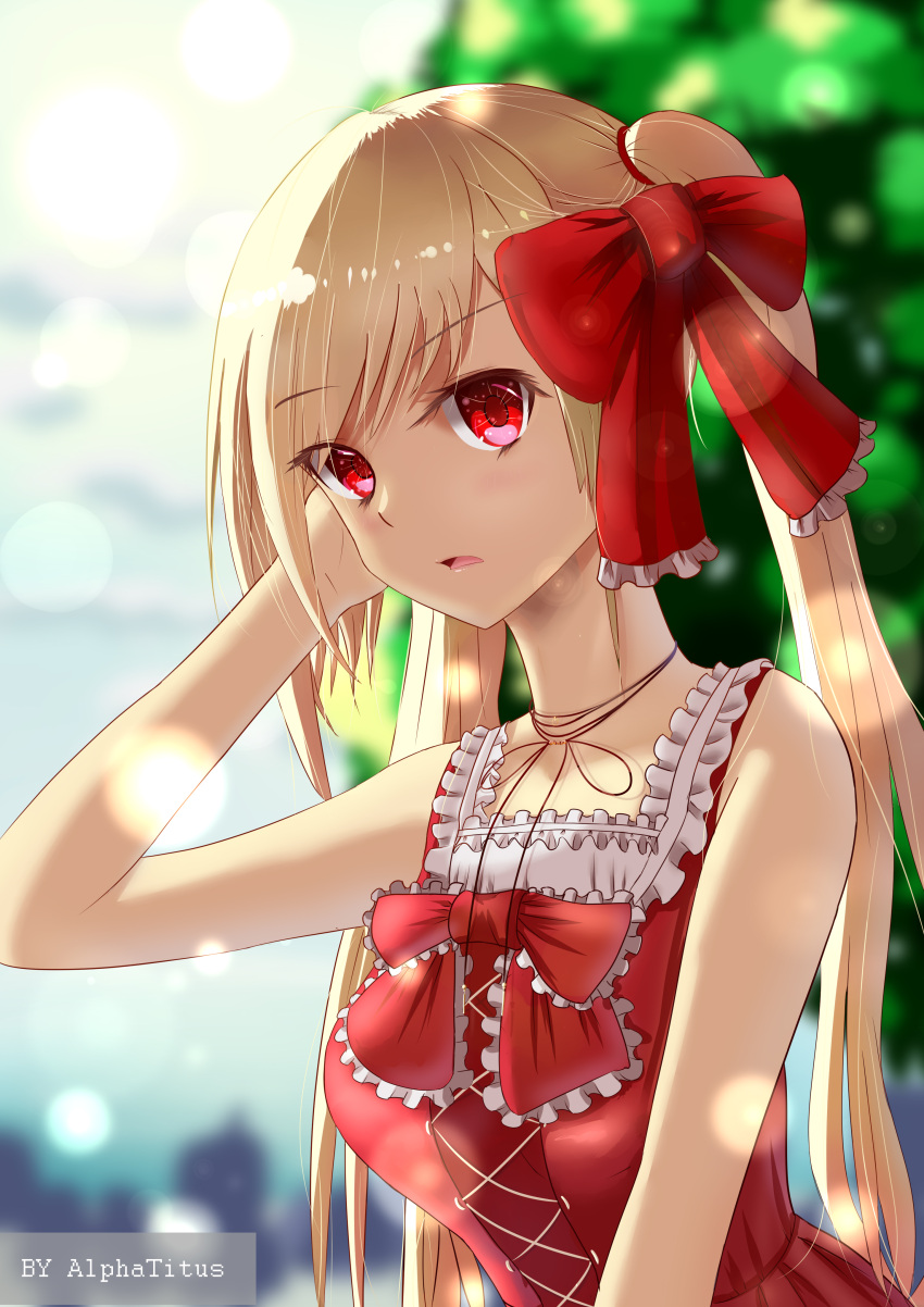 1girl, absurdres, alphatitus, artist_name, bangs, blonde_hair, blurry, blurry_background