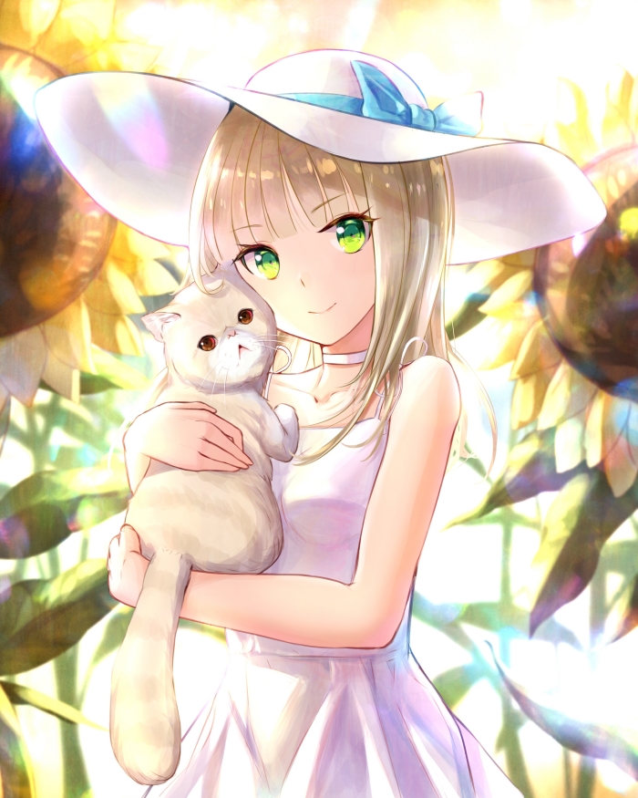 1girl, alphatitus, animal, bangs, blonde_hair, blue_bow, blue_ribbon, blunt_bangs