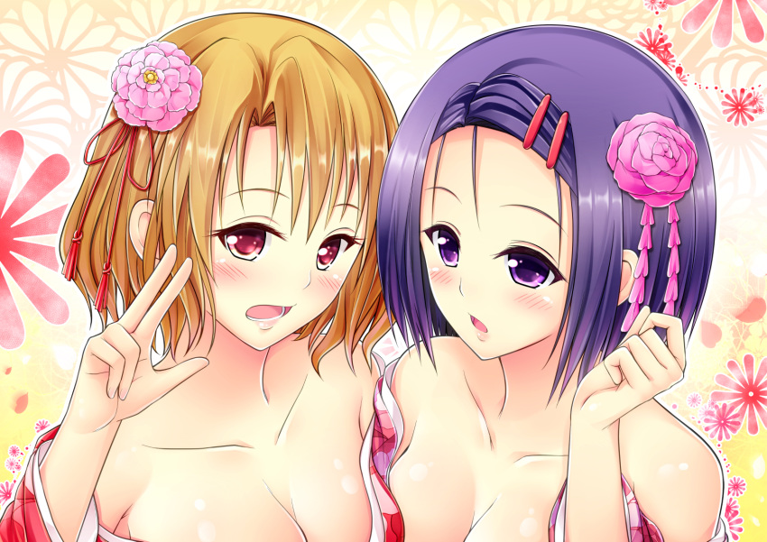 2girls, blonde_hair, blue_hair, breasts, cleavage, collarbone, flower, hair_flower