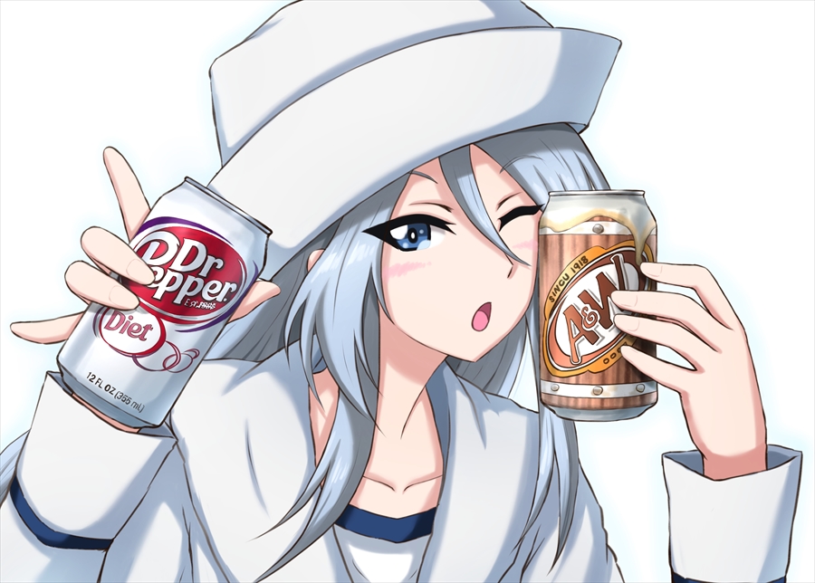 1girl, ;o, \n/, a&amp;w, bangs, blouse, blue_eyes, can