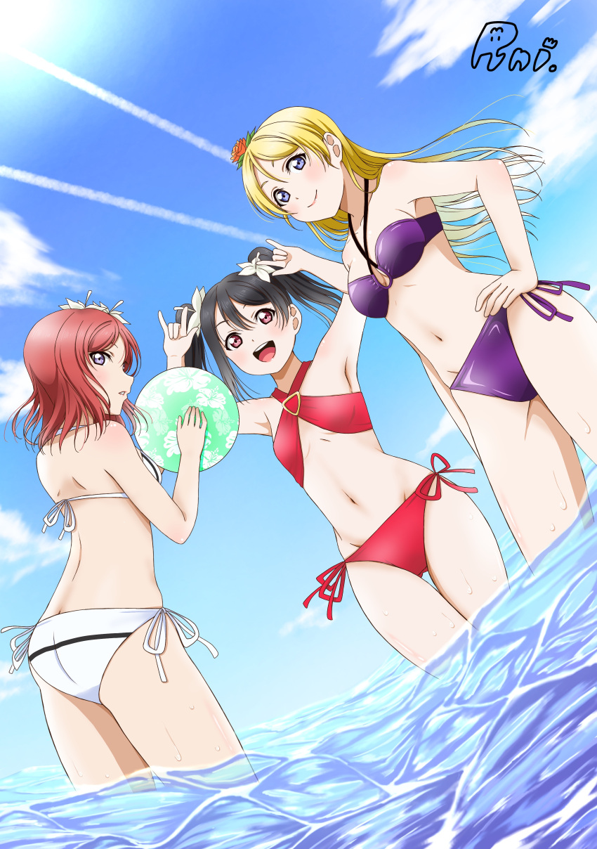 3girls, 87025_runi, :d, absurdres, armpits, ayase_eli, ball, bibi_(love_live!), bikini, black_hair, blonde_hair, blue_eyes, blush, breasts, cleavage, floating_hair, flower, grey_eyes, groin, hair_between_eyes, hair_flower, hair_ornament, halterneck, hand_on_hip, highres, holding, holding_ball, lily_(flower), long_hair, looking_back, love_live!, love_live!_school_idol_project, medium_breasts, multiple_girls, navel, nishikino_maki, open_mouth, orange_flower, purple_bikini, red_bikini, red_eyes, redhead, side-tie_bikini, small_breasts, smile, standing, swimsuit, twintails, wading, white_bikini, white_flower, yazawa_nico
