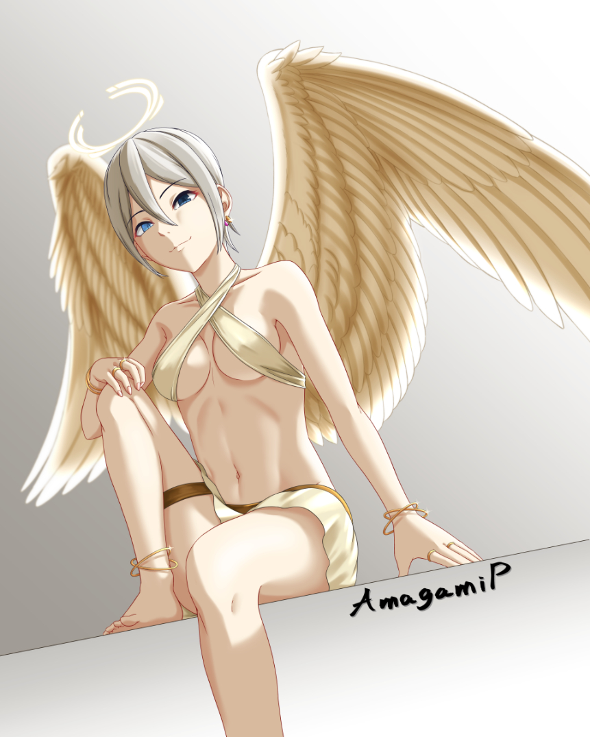 1girl, amagamip, angel, angel_wings, anklet, artist_name, blue_eyes, breasts