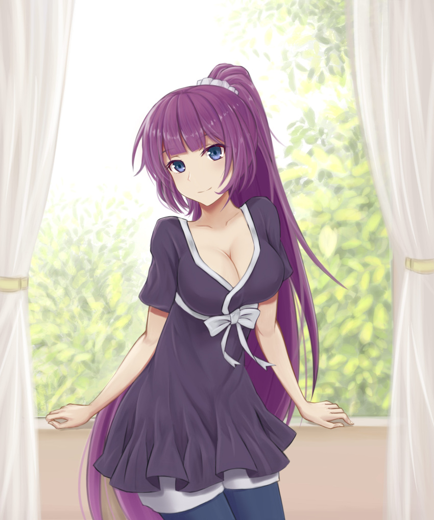 1girl, absurdres, bakemonogatari, bangs, black_dress, blue_eyes, blue_legwear, blunt_bangs