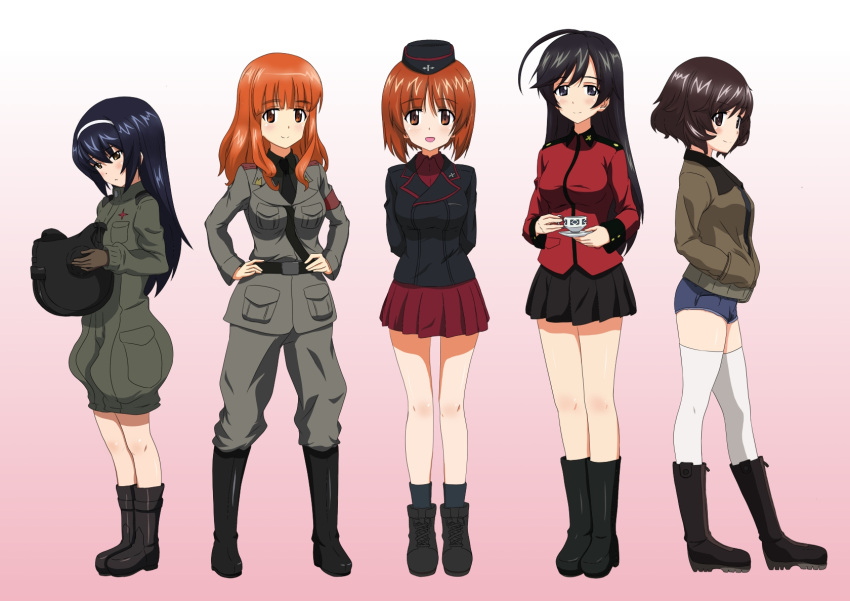 5girls, ahoge, akiyama_yukari, anchovy, anchovy_(cosplay), ankle_boots, anzio_military_uniform, arms_behind_back