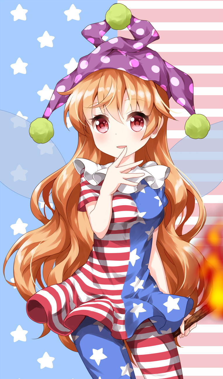 1girl, american_flag_background, american_flag_dress, american_flag_legwear, blonde_hair, clownpiece, fairy_wings, finger_to_mouth