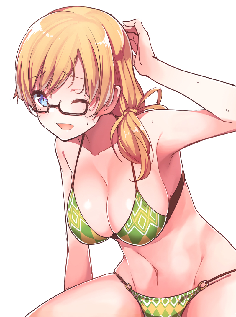 1girl, arm_up, armpits, bangs, bare_shoulders, bikini, black-framed_eyewear, blonde_hair
