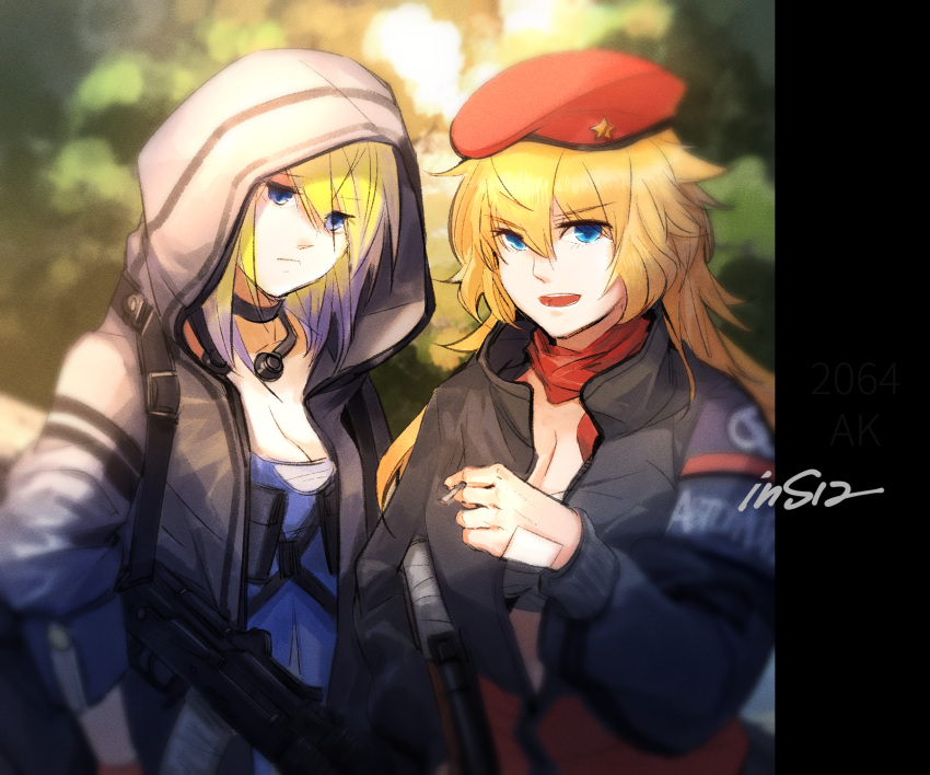 2girls, ak-47, ak-74, ak-74u_(girls_frontline), ak47_(girls_frontline), assault_rifle, beret, blonde_hair