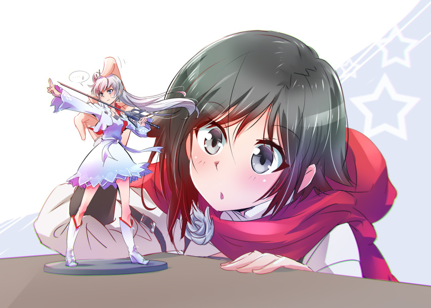 ..., 2girls, :o, black_hair, blue_eyes, cape, cloak, curious