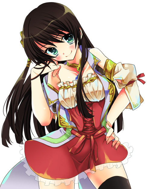 aya, aya_(infinite_undiscovery), brown_hair, choker, detached_sleeves, green_eyes, hand_on_hip, infinite_undiscovery