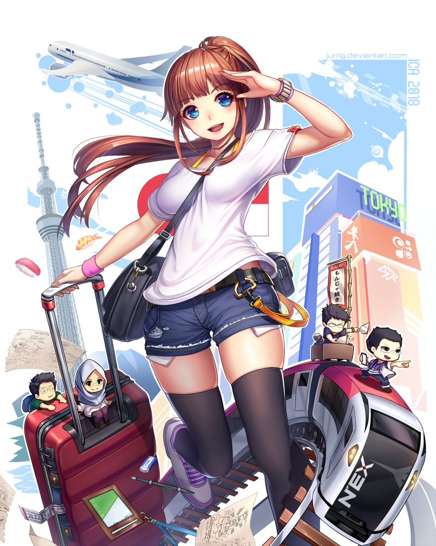2018, 2girls, 3boys, :d, aircraft, airplane, arm_up, artist_name