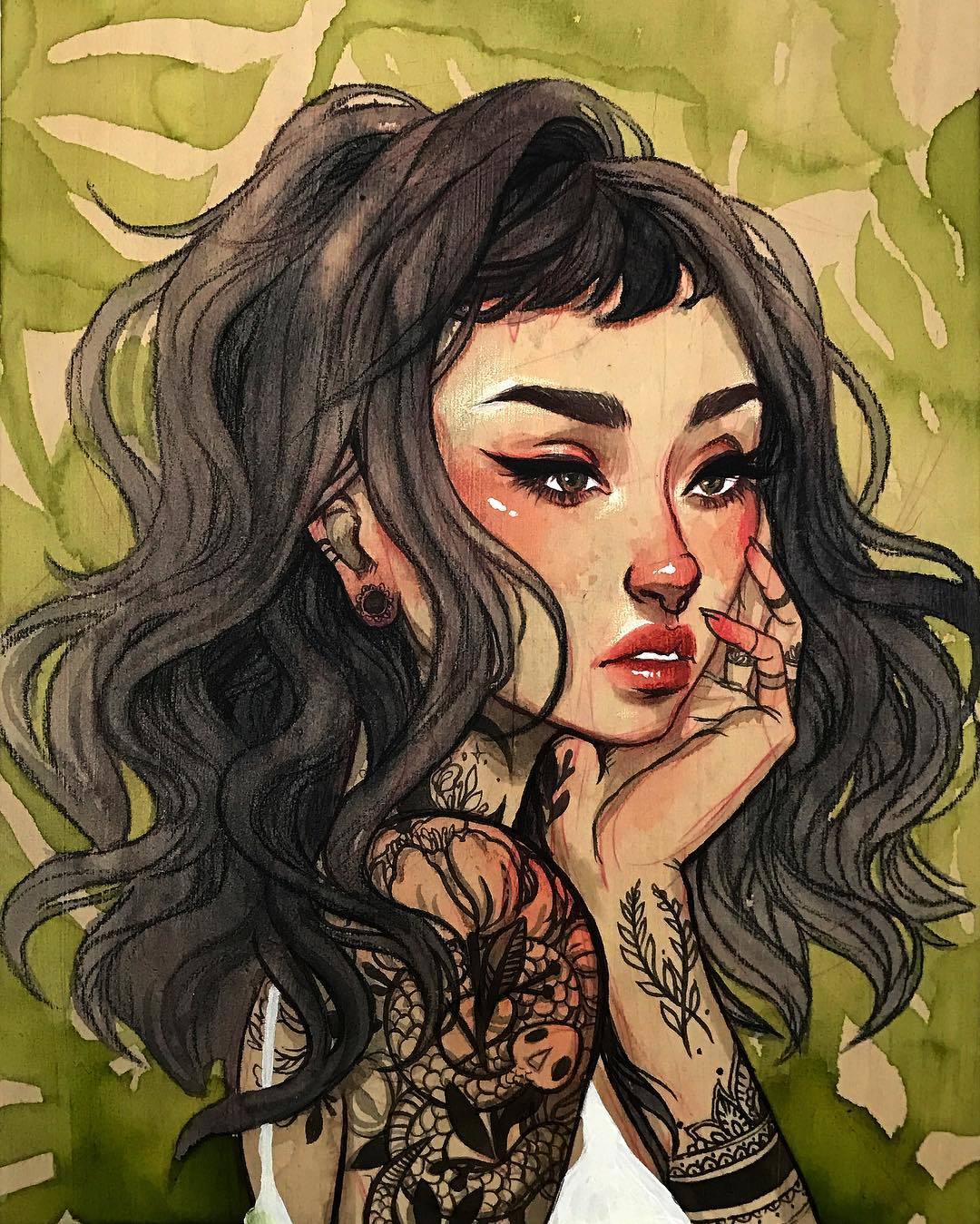 1girl, arm_tattoo, black_hair, brown_eyes, commentary, english_commentary, eyelashes, hand_to_own_mouth