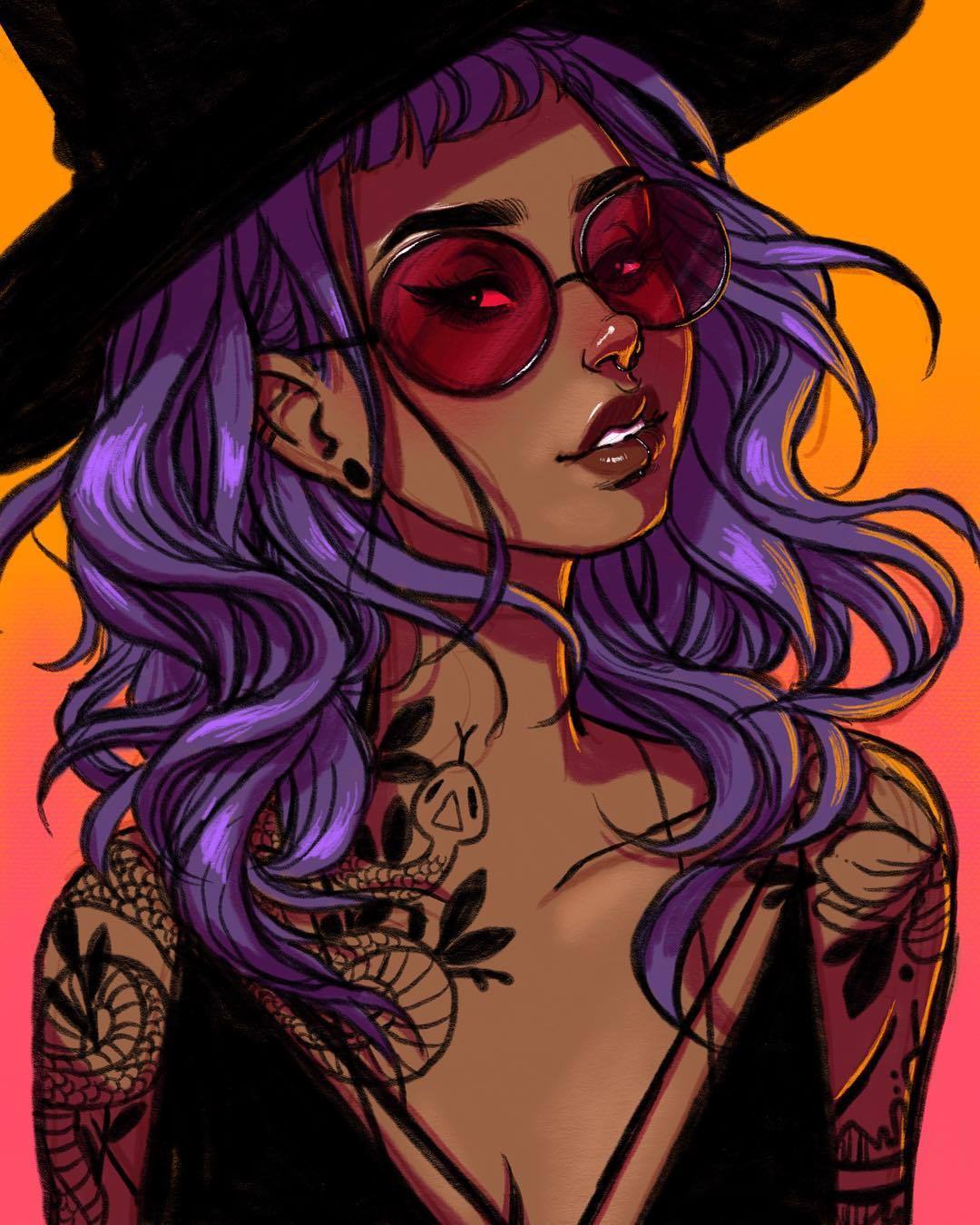 1girl, black-framed_eyewear, black_dress, black_hat, breasts, brown_lipstick, chest_tattoo, commentary