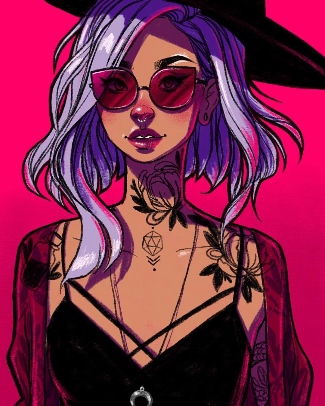1girl, asymmetrical_hair, black_hat, bottle_tattoo, breasts, chest_tattoo, commentary, crescent_moon, english_commentary, flower_tattoo, hat, highres, image_sample, jacquelin_de_leon, lavender_hair, long_hair, looking_at_another, moon, neck_tattoo, nose_piercing, original, piercing, pink_background, purple_lips, shoulder_tattoo, small_breasts, solo, tattoo