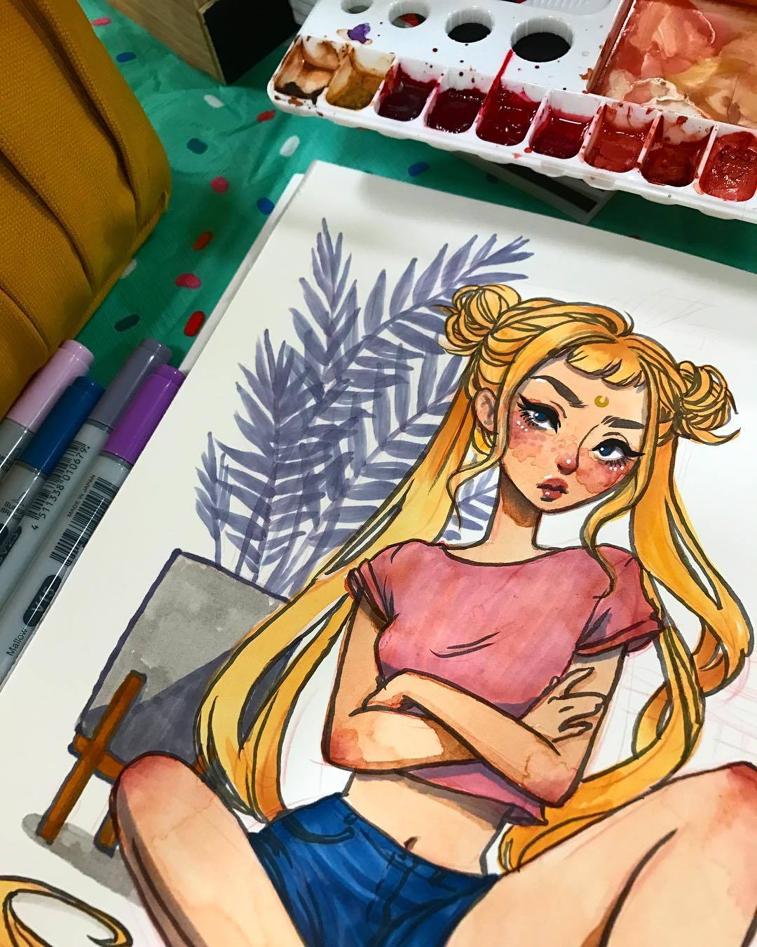 1girl, bishoujo_senshi_sailor_moon, blonde_hair, blue_eyes, blue_shorts, breasts, casual, commentary