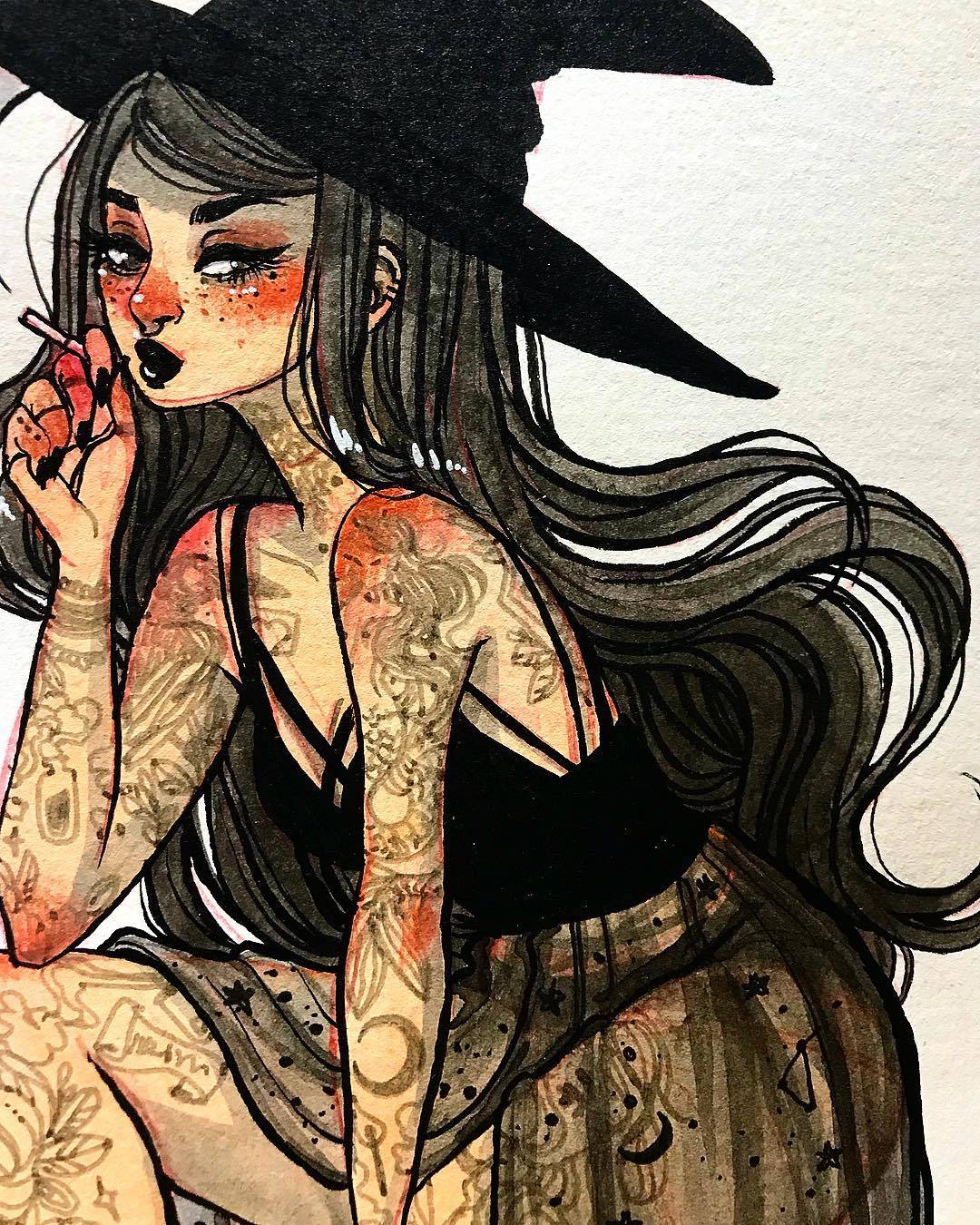1girl, arm_tattoo, black_hair, black_hat, black_lips, black_nails, black_shirt, black_skirt