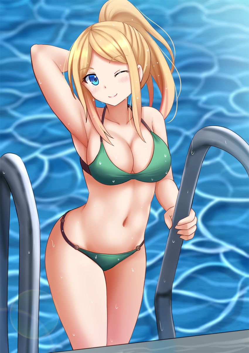 1girl, bikini, blonde_hair, blue_eyes, breasts, cleavage, cowboy_shot, green_bikini, harukana_receive, highres, kazenokaze, large_breasts, looking_at_viewer, one_eye_closed, ponytail, pool_ladder, solo, swimsuit, thomas_claire, water