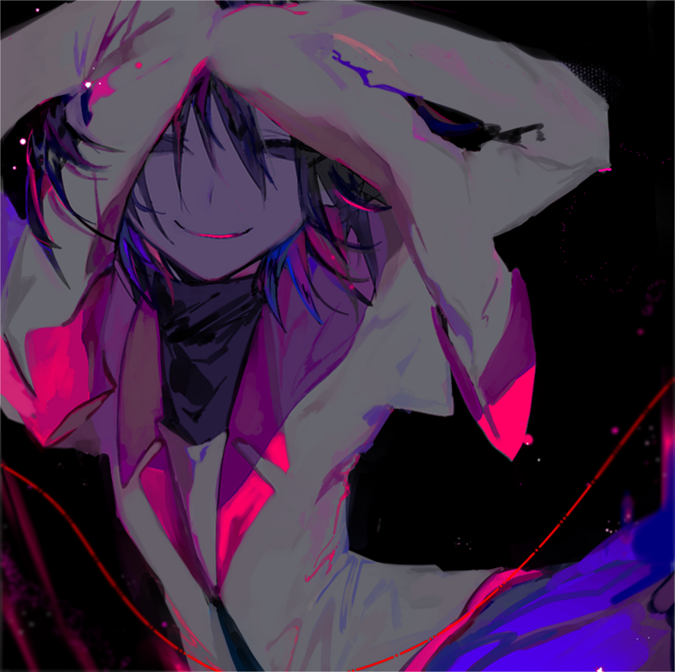 1girl, bangs, black_background, black_eyes, black_hair, blank_eyes, empty_eyes, hair_between_eyes, jacket, long_sleeves, looking_at_viewer, monogatari_(series), oshino_ougi, owarimonogatari, pink_jacket, school_uniform, short_hair, simple_background, sleeves_past_wrists, smile, solo, standing, tbrsnsk, upper_body