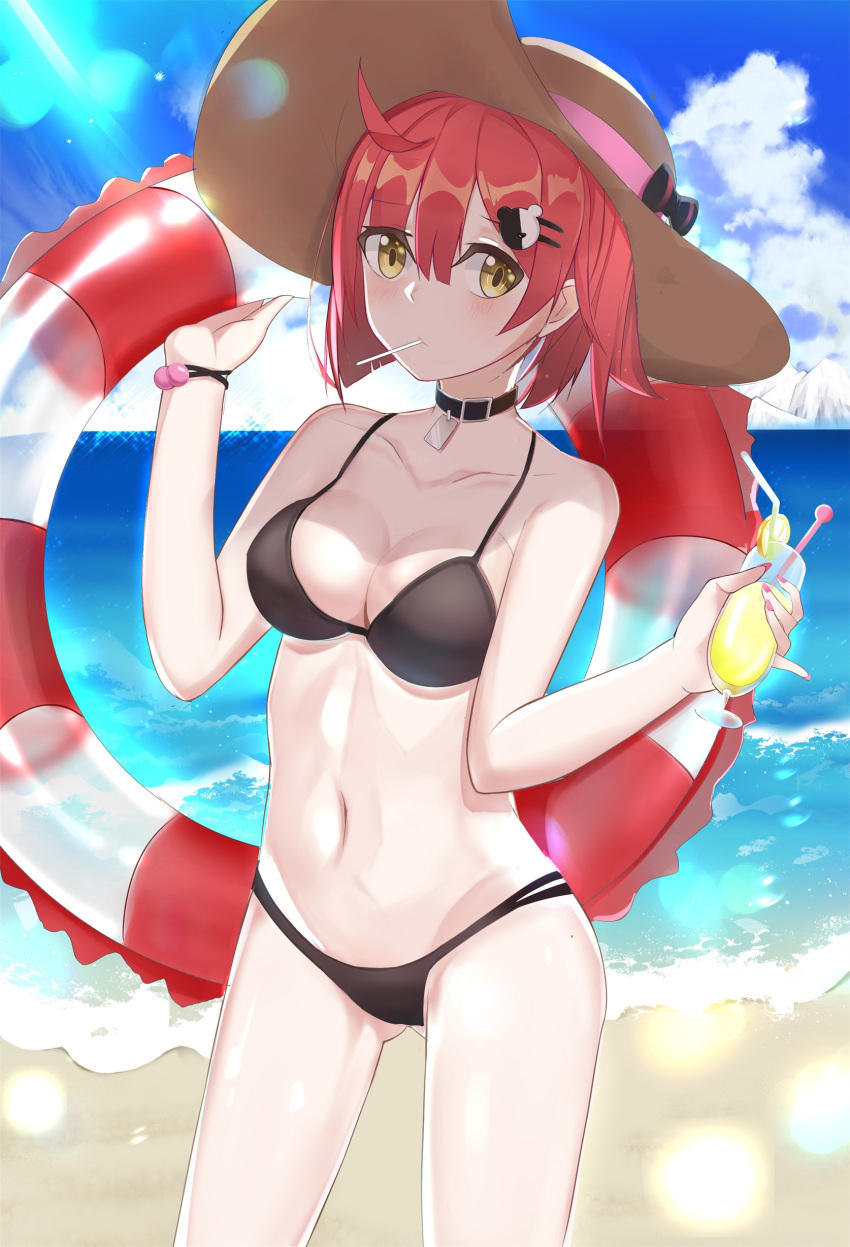 1girl, absurdres, beach, bikini, black_bikini, blue_sky, breasts, candy