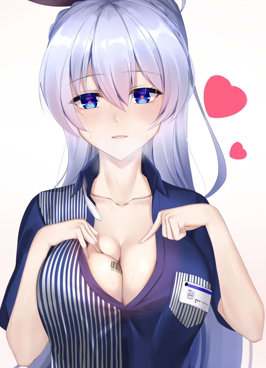1girl, absurdres, azur_lane, bangs, barcode_tattoo, blue_eyes, blue_shirt, blush, braid, breasts, character_name, cleavage, collarbone, collared_shirt, employee_uniform, eternity_(pixiv8012826), eyebrows_visible_through_hair, flying_heart, french_braid, gradient, gradient_background, hair_between_eyes, hair_ribbon, hand_on_own_chest, heart, heart-shaped_pupils, highres, large_breasts, lavender_hair, lawson, long_hair, looking_at_viewer, name_tag, open_mouth, pointing, pointing_at_self, ribbon, rodney_(azur_lane), shirt, sidelocks, simple_background, smile, solo, sweat, symbol-shaped_pupils, tattoo, uniform, upper_body, very_long_hair