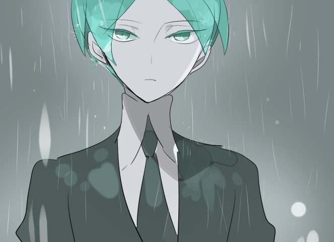 1other, androgynous, colored_eyelashes, crystal_hair, expressionless, gem_uniform_(houseki_no_kuni), green_eyes, green_hair