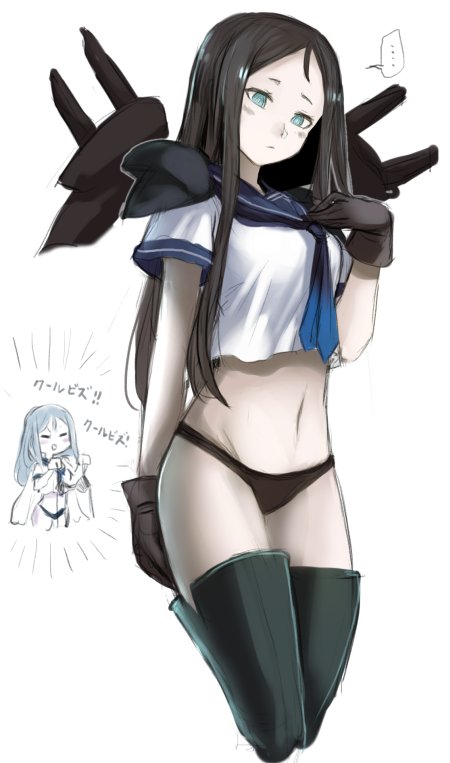 ..., 2girls, black_gloves, black_hair, black_panties, blue_eyes, boots, chibi