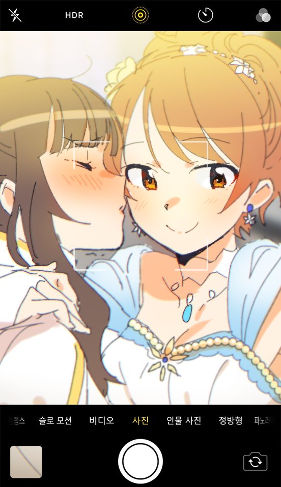 2girls, arm_around_neck, bangs, blunt_bangs, blush, brown_hair, cellphone, cellphone_camera