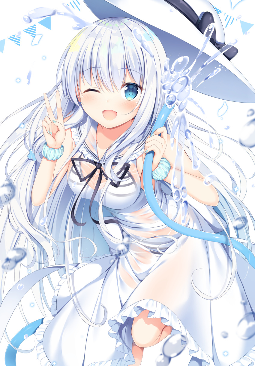 1girl, ;d, bangs, bare_shoulders, bikini, bikini_under_clothes, black_bow, blue_eyes, blue_scrunchie, blush, bow, breasts, cleavage, collarbone, commentary_request, dress, eyebrows_visible_through_hair, fingernails, hair_between_eyes, hands_up, hat, hat_bow, hat_removed, headwear_removed, highres, holding, holding_hose, hose, long_hair, looking_at_viewer, medium_breasts, nail_art, one_eye_closed, open_mouth, original, pennant, sailor_collar, sailor_dress, scrunchie, see-through, silver_hair, simple_background, sleeveless, sleeveless_dress, smile, solo, standing, standing_on_one_leg, string_of_flags, striped, striped_bikini, sun_hat, swimsuit, tomoo_(tomo), v, very_long_hair, water, wet, wet_clothes, wet_dress, white_background, white_dress, white_hat, white_sailor_collar, wrist_scrunchie
