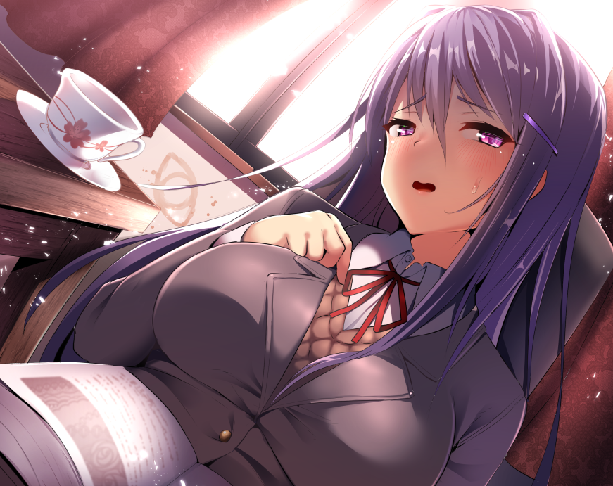 1girl, ayagi_daifuku, bangs, blazer, blush, book, breasts, brown_sweater