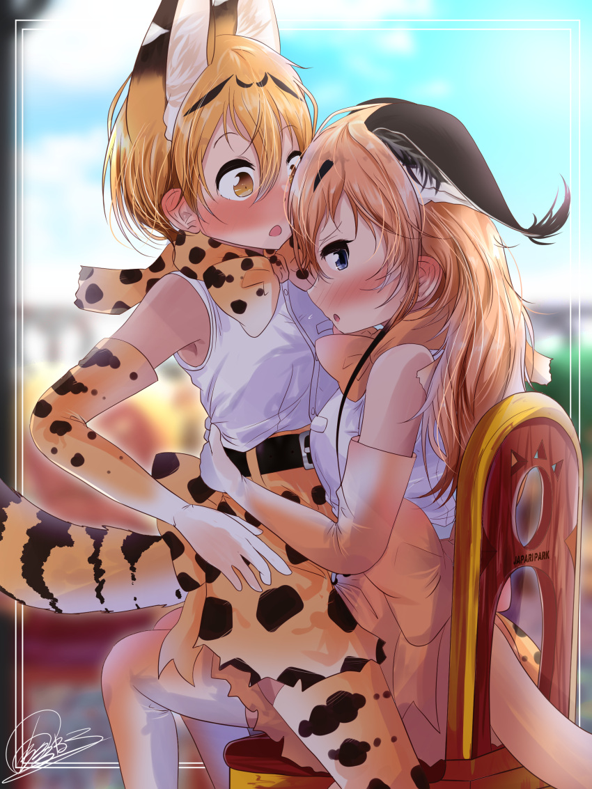 2girls, absurdres, amemiya_neru, animal_ears, belt, blonde_hair, blurry, blurry_background