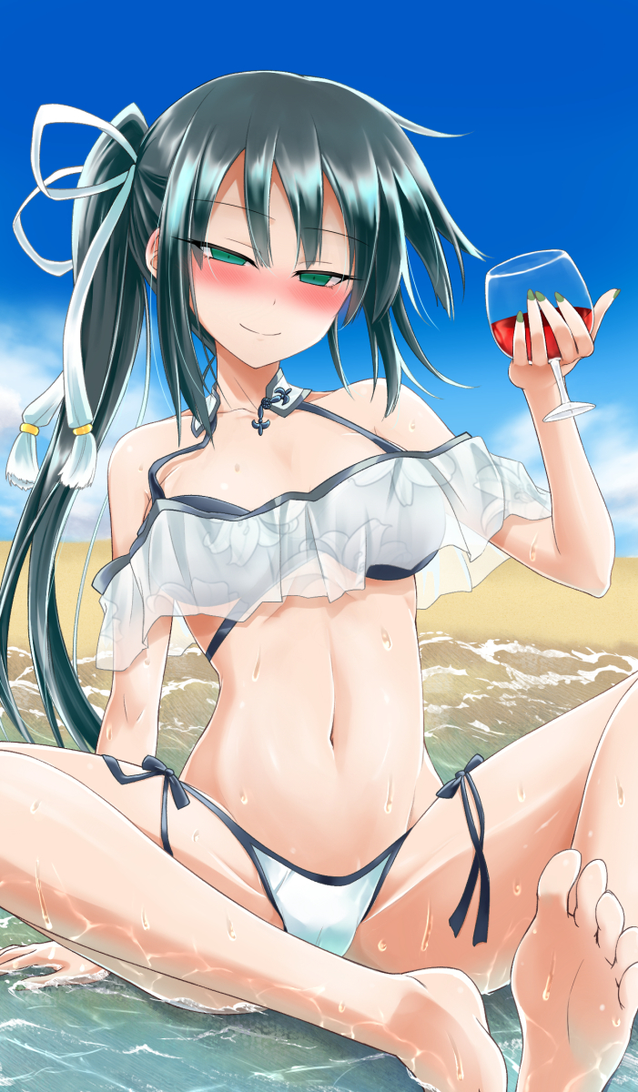 1girl, bangs, bare_shoulders, beach, bikini, black_bikini_top, blue_sky, blush