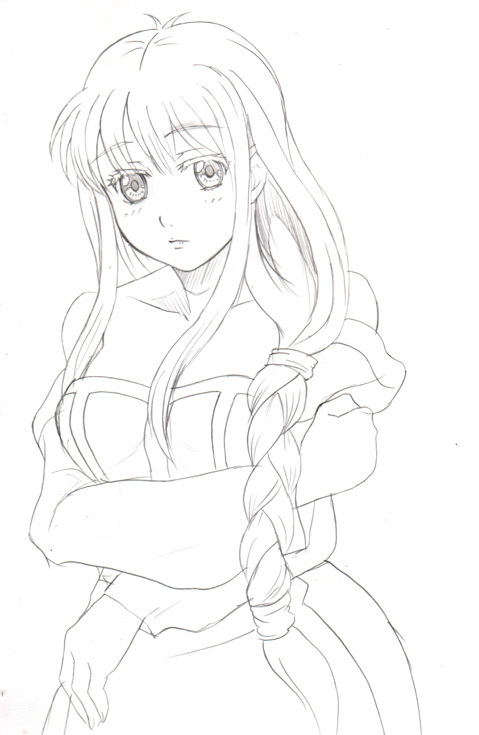 1girl, arc_the_lad_ii, bare_shoulders, breasts, cleavage, closed_mouth, commentary_request, dress