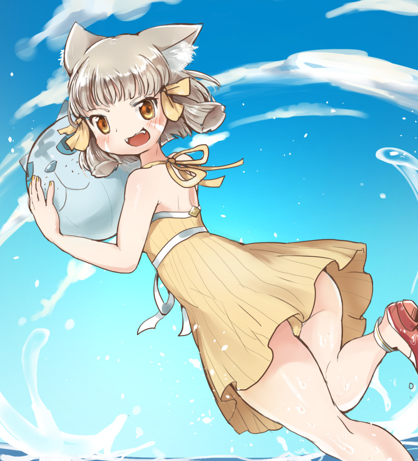 1girl, :d, adapted_costume, animal_ears, ass, ball, bare_arms, bare_shoulders, beachball, blue_sky, blush, byakko_(xenoblade), cat_ears, clouds, day, dress, facial_mark, fangs, gurumin_(gurruguru), hair_ribbon, highres, holding, leg_up, looking_at_viewer, nintendo, niyah, open_mouth, ribbon, short_hair, silver_hair, sky, smile, solo, water, xenoblade_(series), xenoblade_2, yellow_dress, yellow_eyes, yellow_ribbon