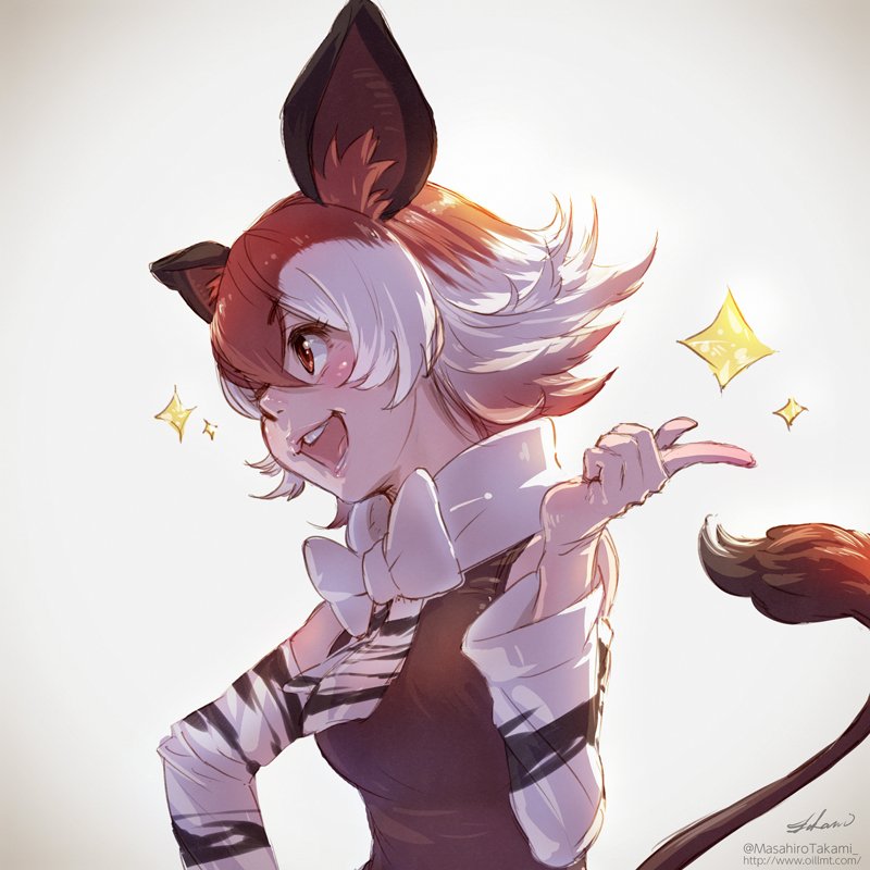 animal_print, bare_shoulders, brown_eyes, commentary_request, detached_sleeves, eyebrows_visible_through_hair, gloves, kemono_friends