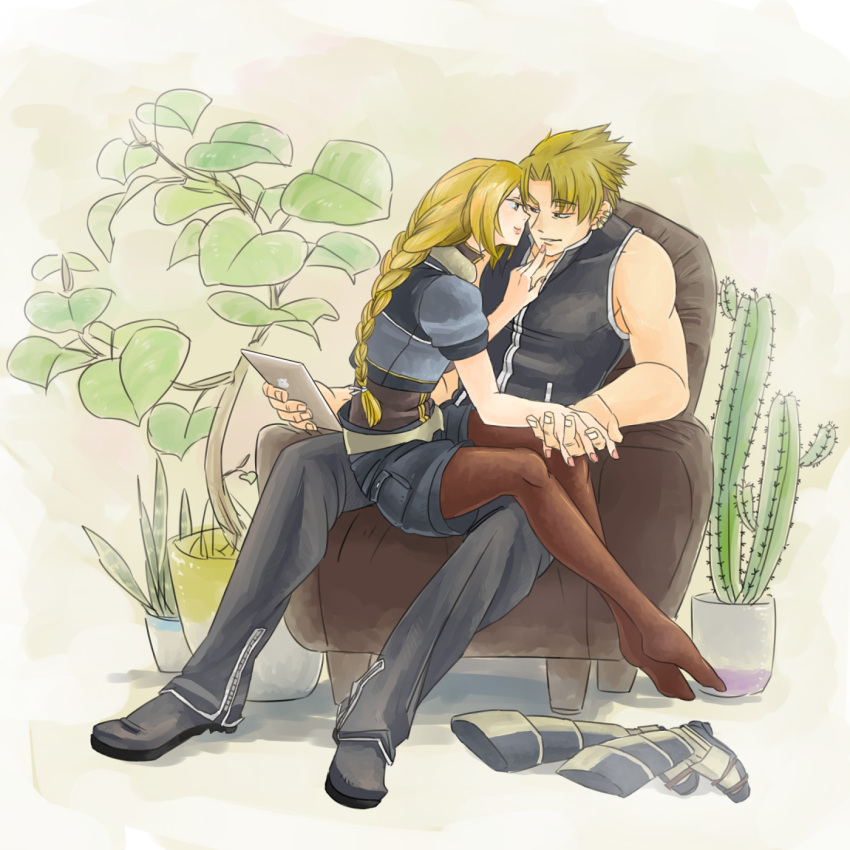 1boy, 1girl, blonde_hair, boots, braid, cactus, chair, cliff_fittir