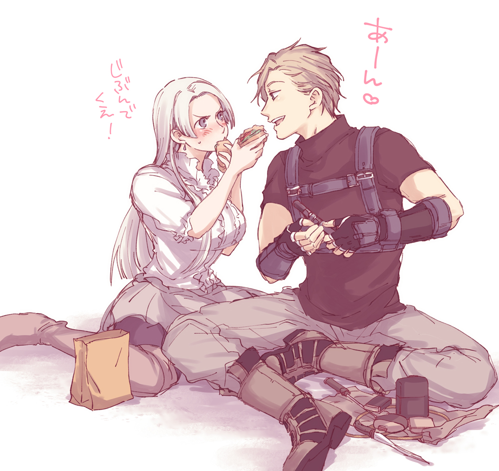 1boy, 1girl, bag, black_shirt, breasts, brown_hair, chris_lightfellow, commentary_request